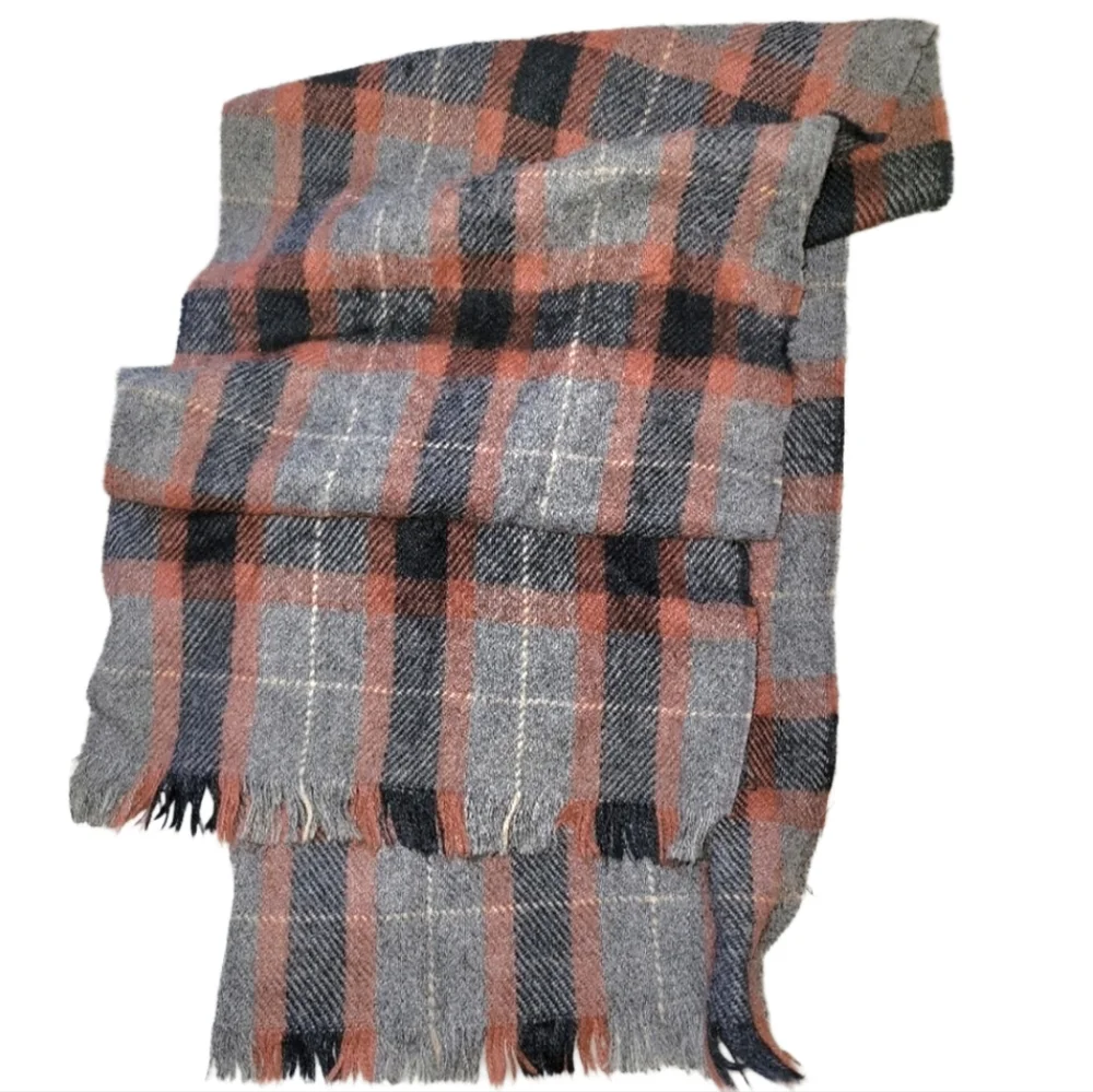 Cozy Wool Tartan Blanket Scarf Black, Red, Gray With Fringe 50